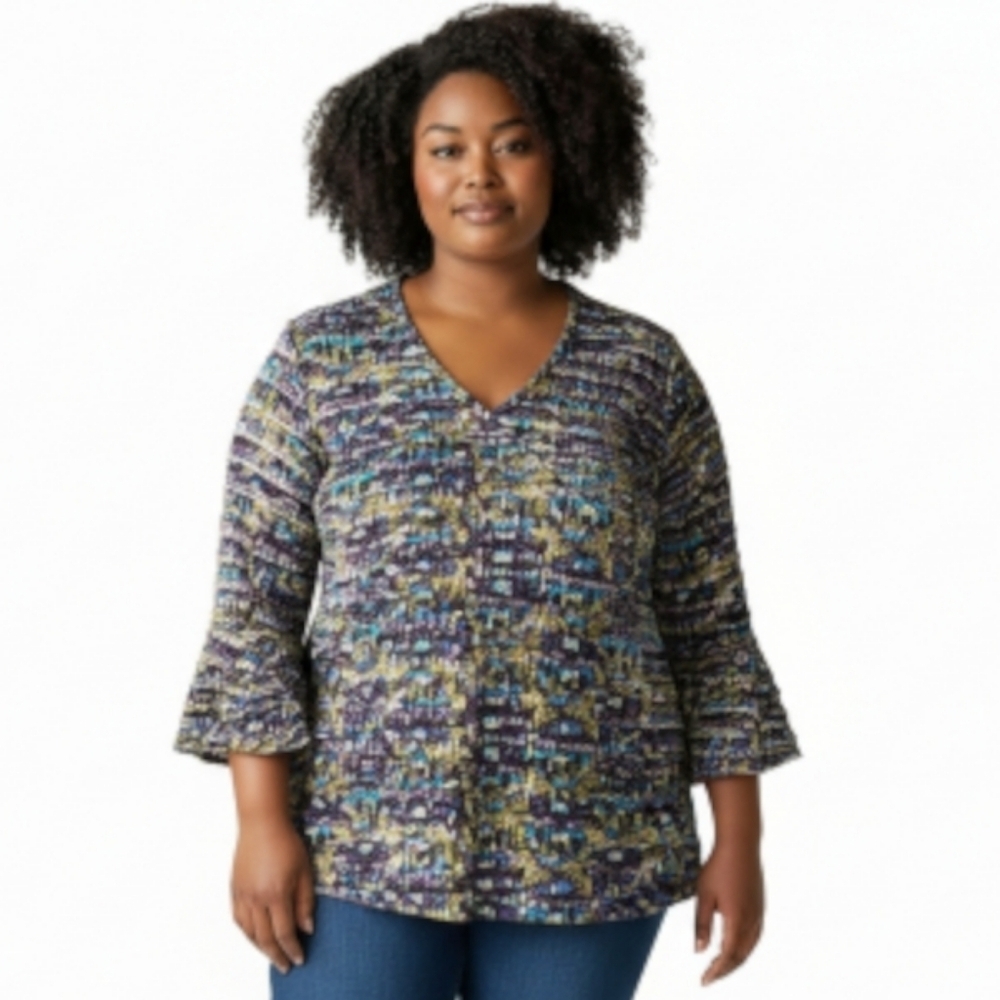 Draper's & Damon's Layers of Ruffles Top Size 2X 3/4 Sleeve Slight Bell V-Neck - Picture 7 of 11